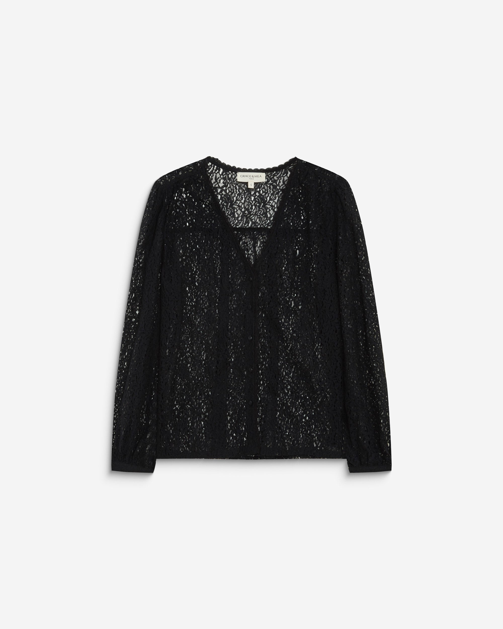Blouse en dentelle col V manches longues noir Aurora