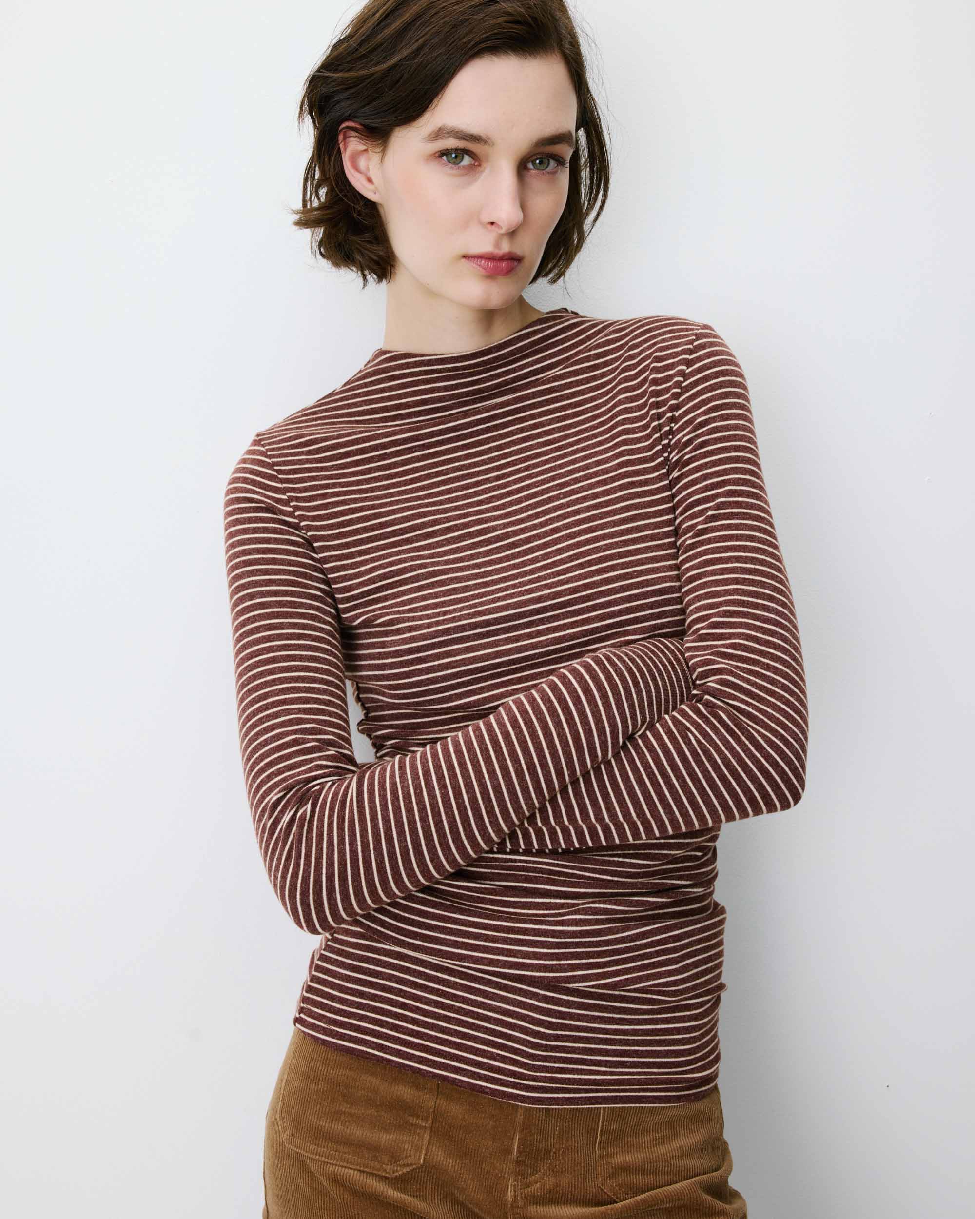 Top rayé taille froncée manches longues terracotta Aralee
