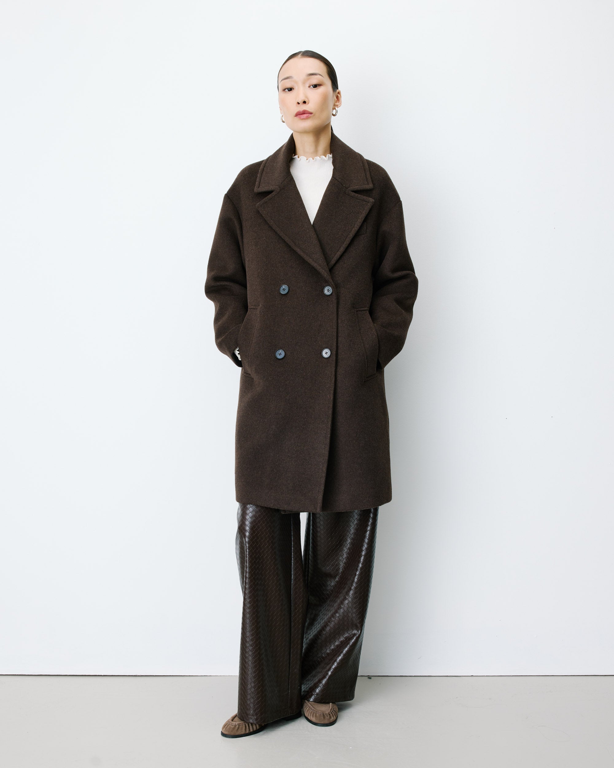 Manteau long croisé en laine mélangée chocolat Alois
