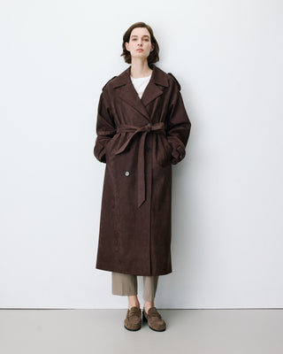 Trench long en suédine ceinturé chocolat Astrid