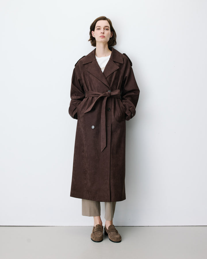 Trench long en suédine ceinturé chocolat Astrid
