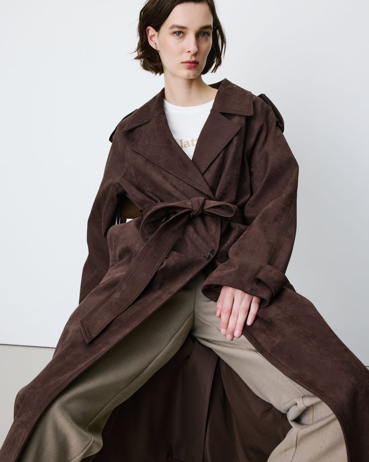 Trench long en suédine ceinturé chocolat Astrid
