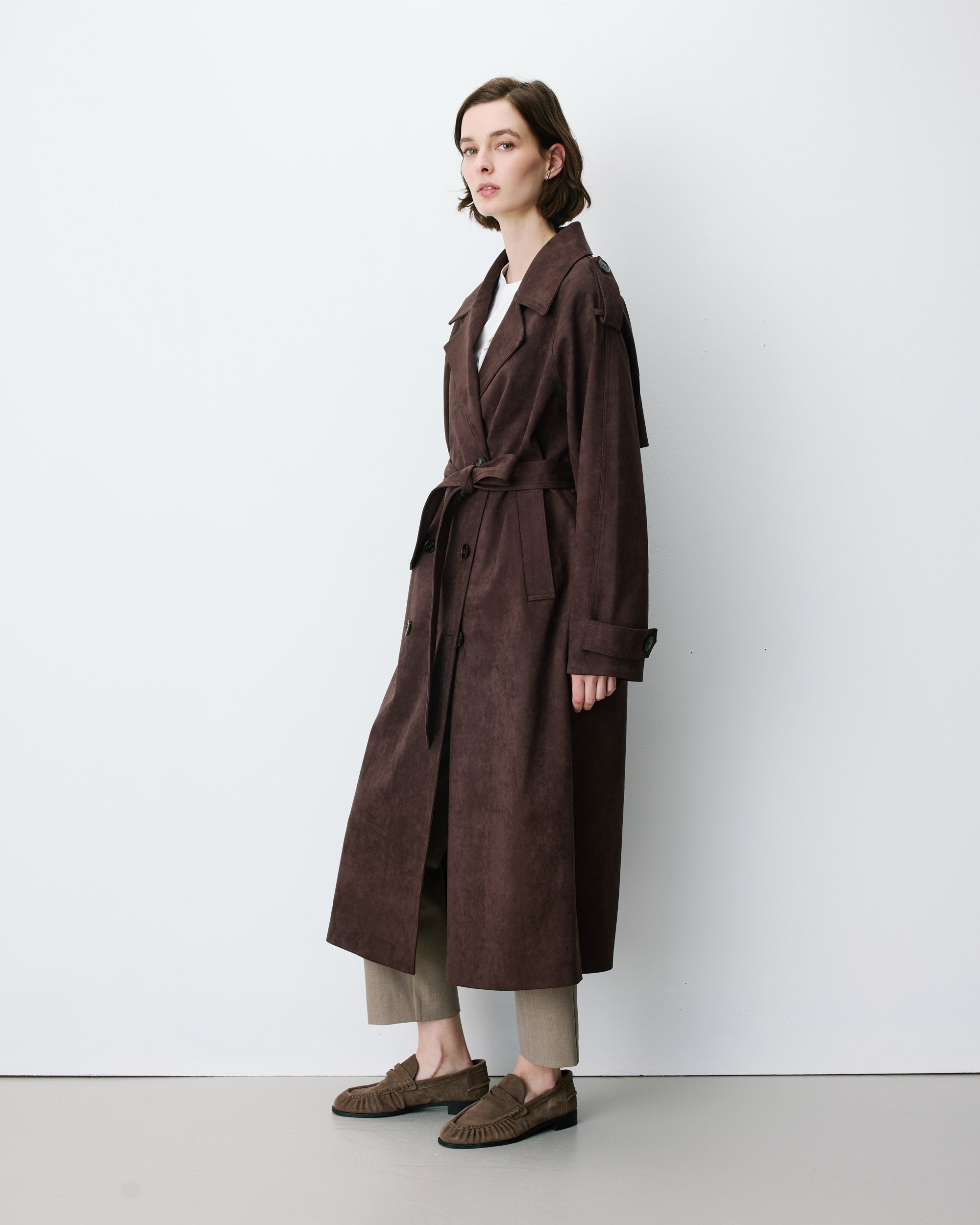 Trench long en suédine ceinturé chocolat Astrid
