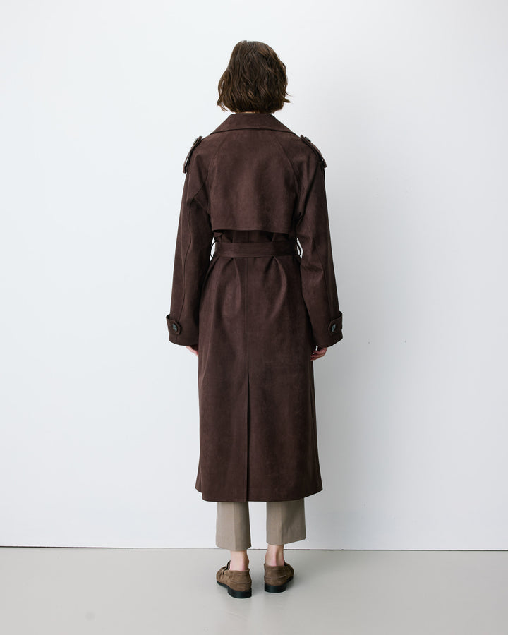 Trench long en suédine ceinturé chocolat Astrid