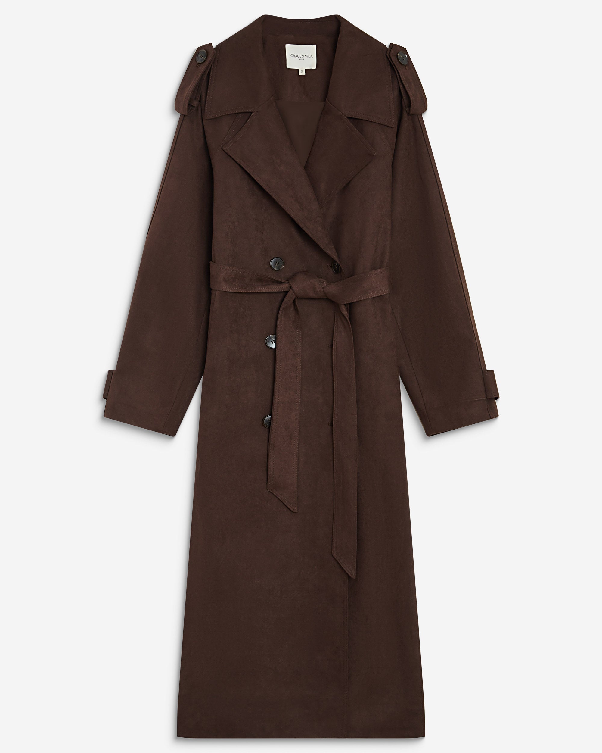 Trench long en suédine ceinturé chocolat Astrid