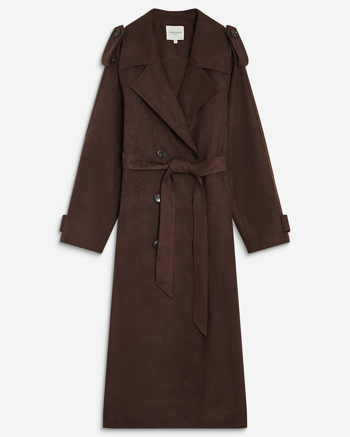 Trench long en suédine ceinturé chocolat Astrid