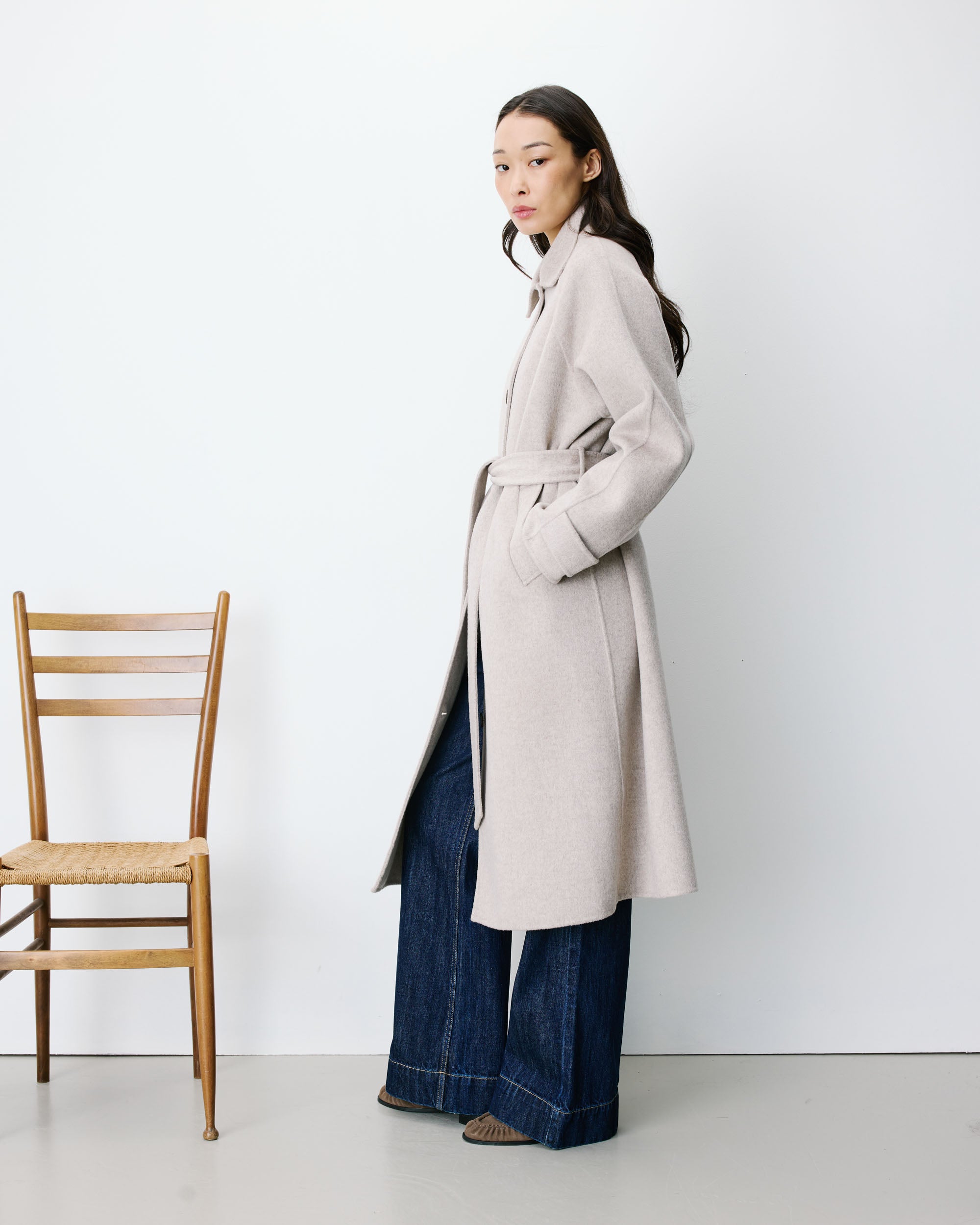 Manteau long en laine mélangée ceinturé sable Adam