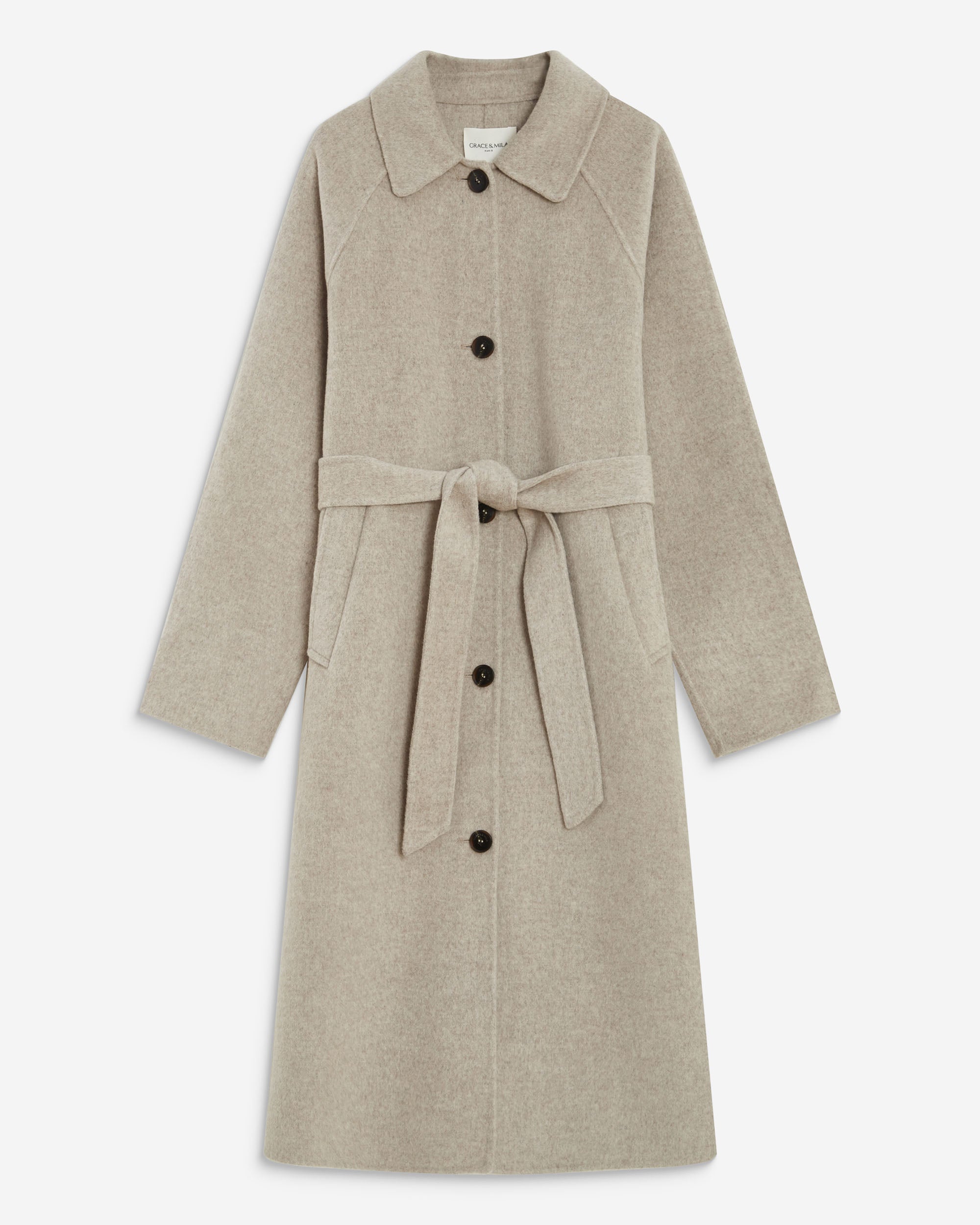 Manteau long en laine mélangée ceinturé sable Adam