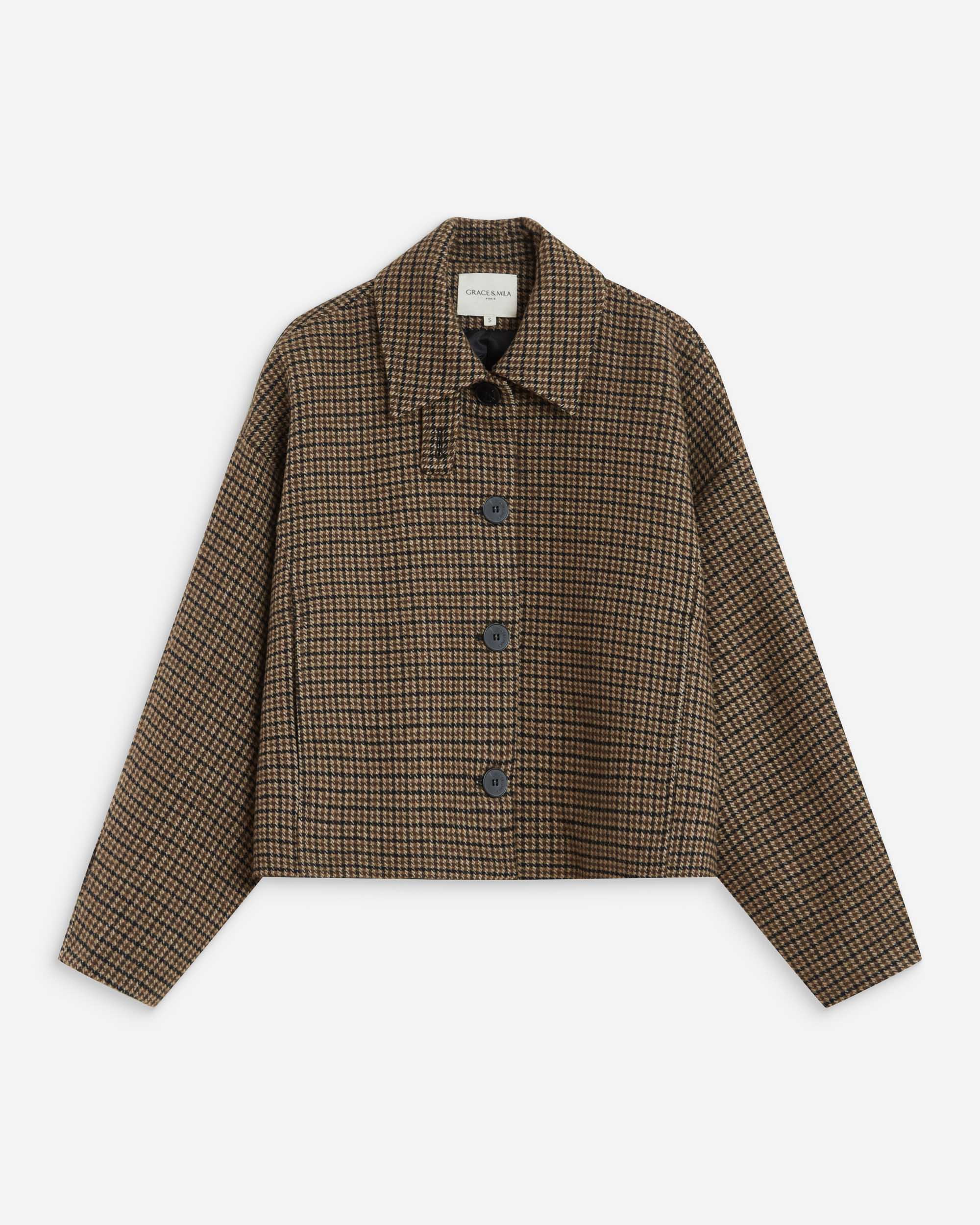 Manteau court pied-de-poule col structuré coffee Arthur