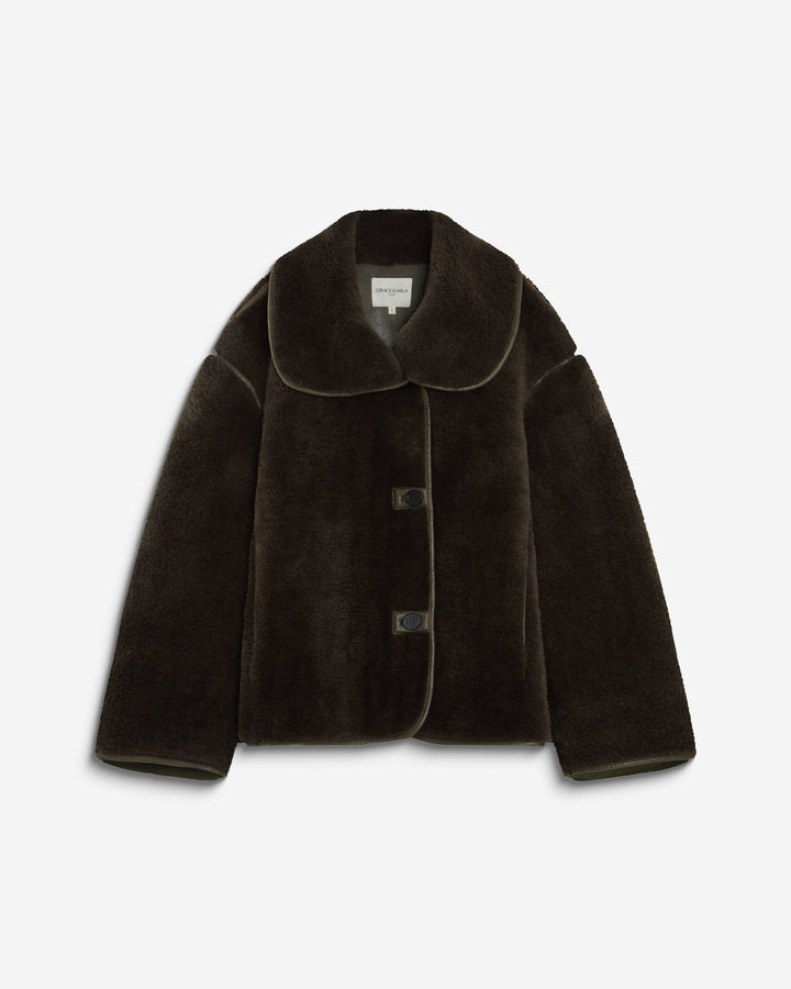 Manteau en fausse fourrure oversize boutonné kaki Amelio