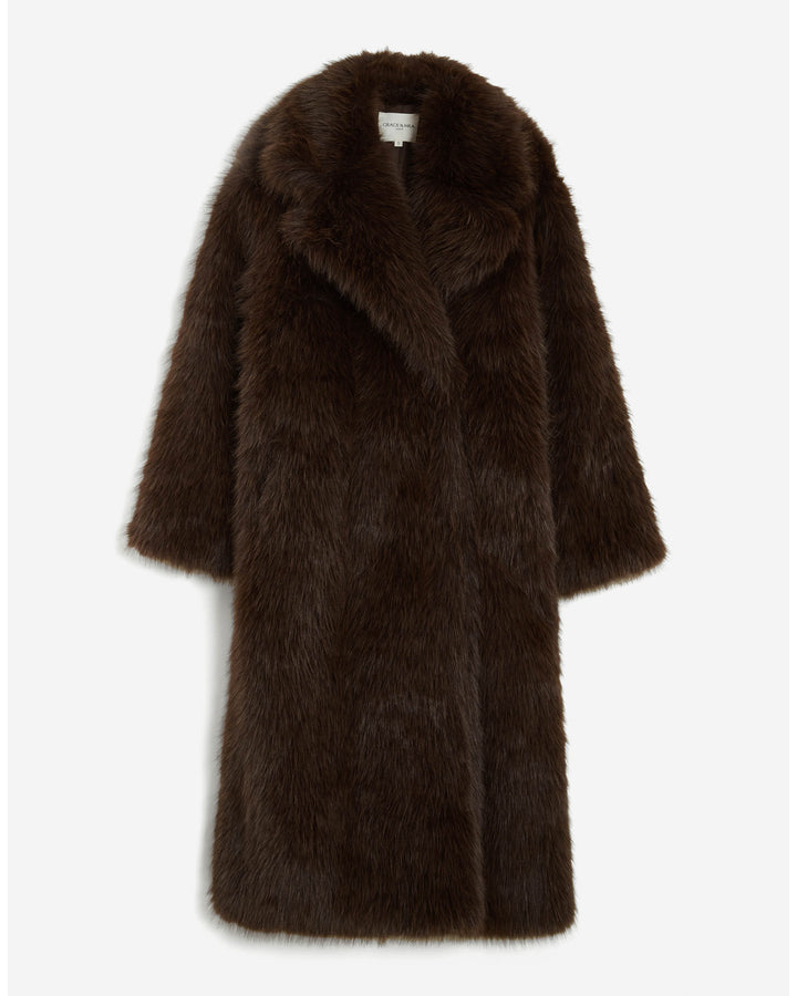 Manteau long oversize en fausse fourrure chocolat Alara