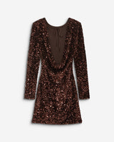 Robe fourreau courte à sequins dos nu chocolat Bahia