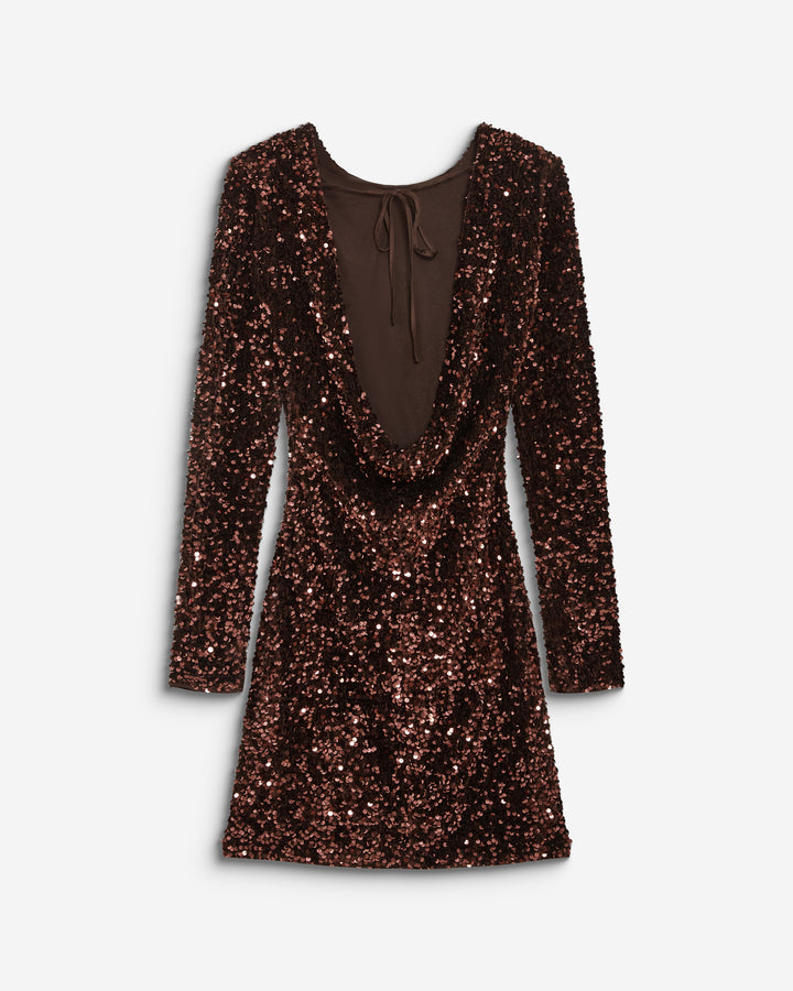 Robe fourreau courte à sequins dos nu chocolat Bahia