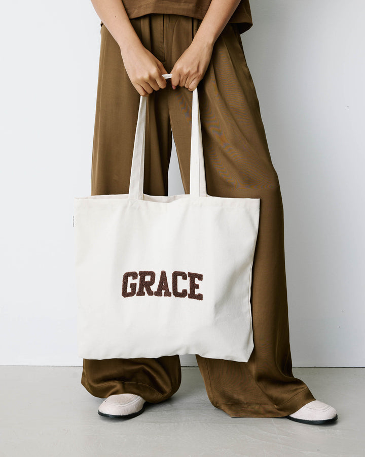 Tote bag large en toile à broderie ecru Brave