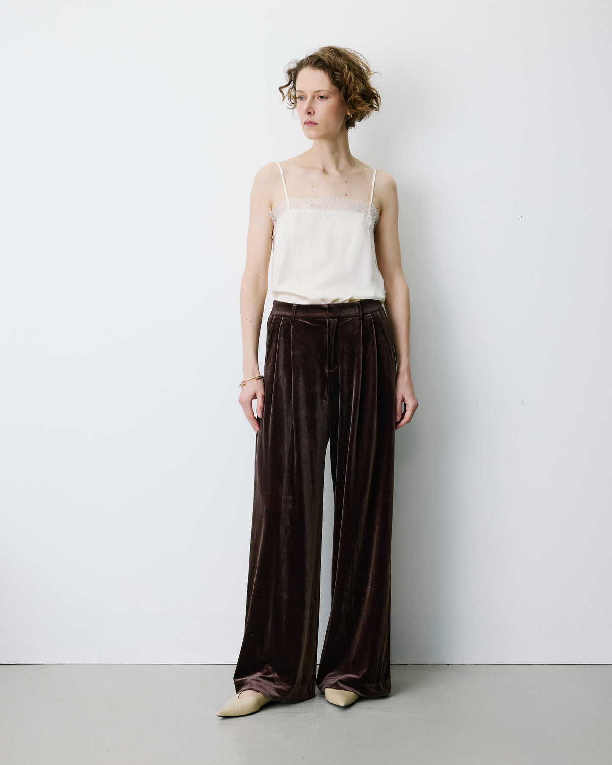 Wide-leg velvet tailored pants chocolat Benson
