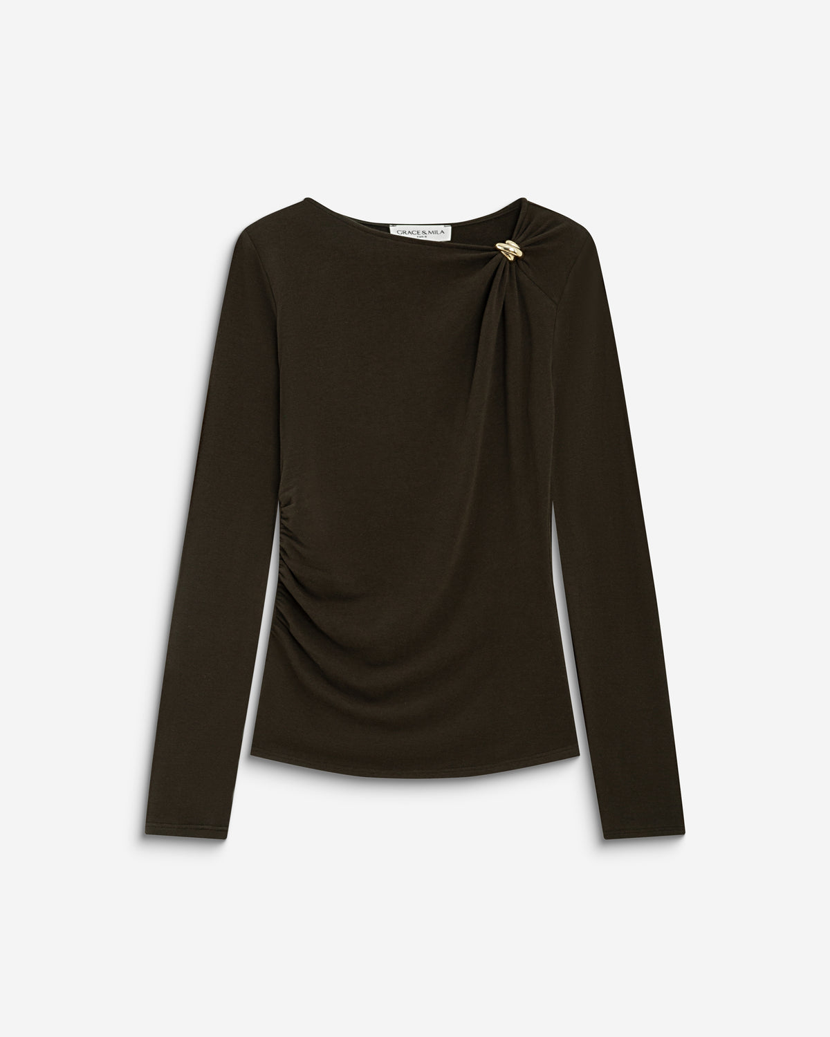 T-shirt drapé près du corps à boucle dorée chocolat Bijou