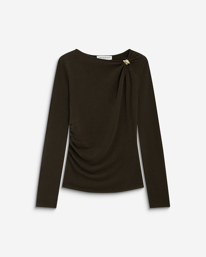 T-shirt drapé près du corps à boucle dorée chocolat Bijou