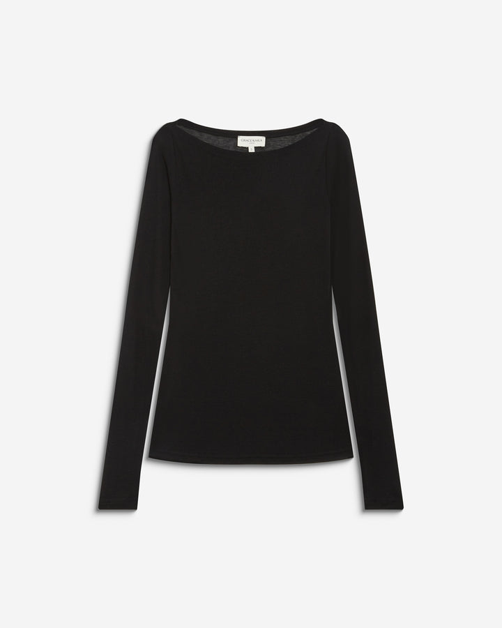 T-shirt ajusté col bateau manches longues noir Bennett