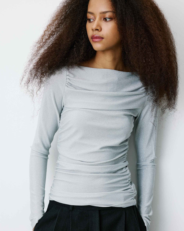 Top drapé ajusté en lurex manches longues silver Beaumont