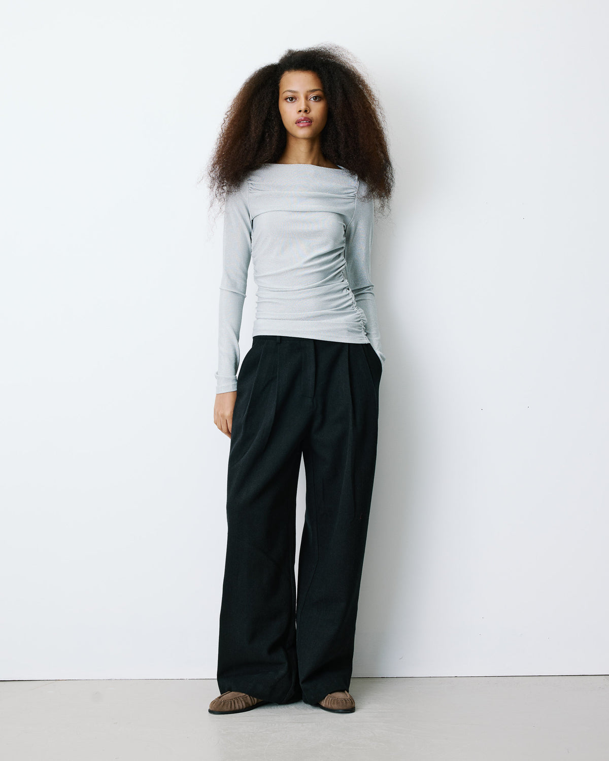 Top drapé ajusté en lurex manches longues silver Beaumont