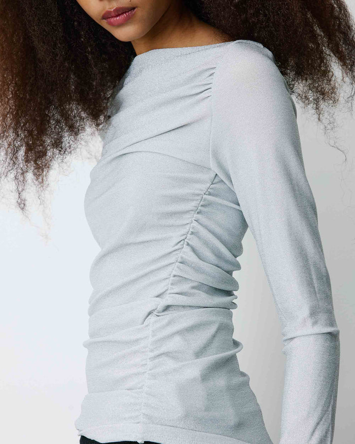 Top drapé ajusté en lurex manches longues silver Beaumont