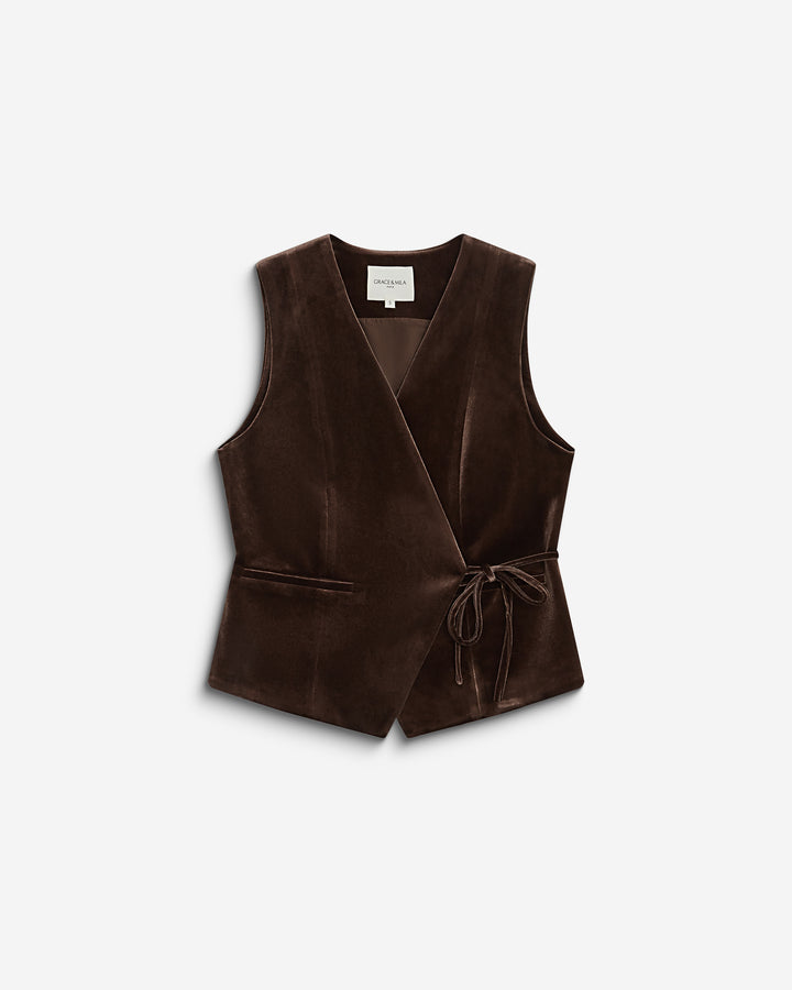 Tie-front velvet waistcoat chocolat Benny