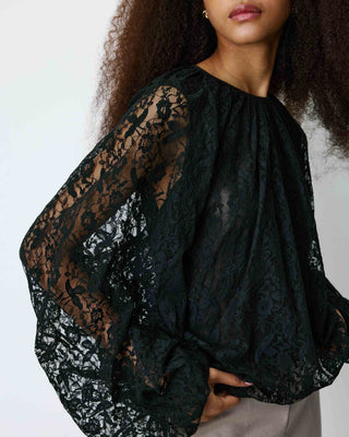 Blouse fluide en dentelle manches bouffantes noir Beth