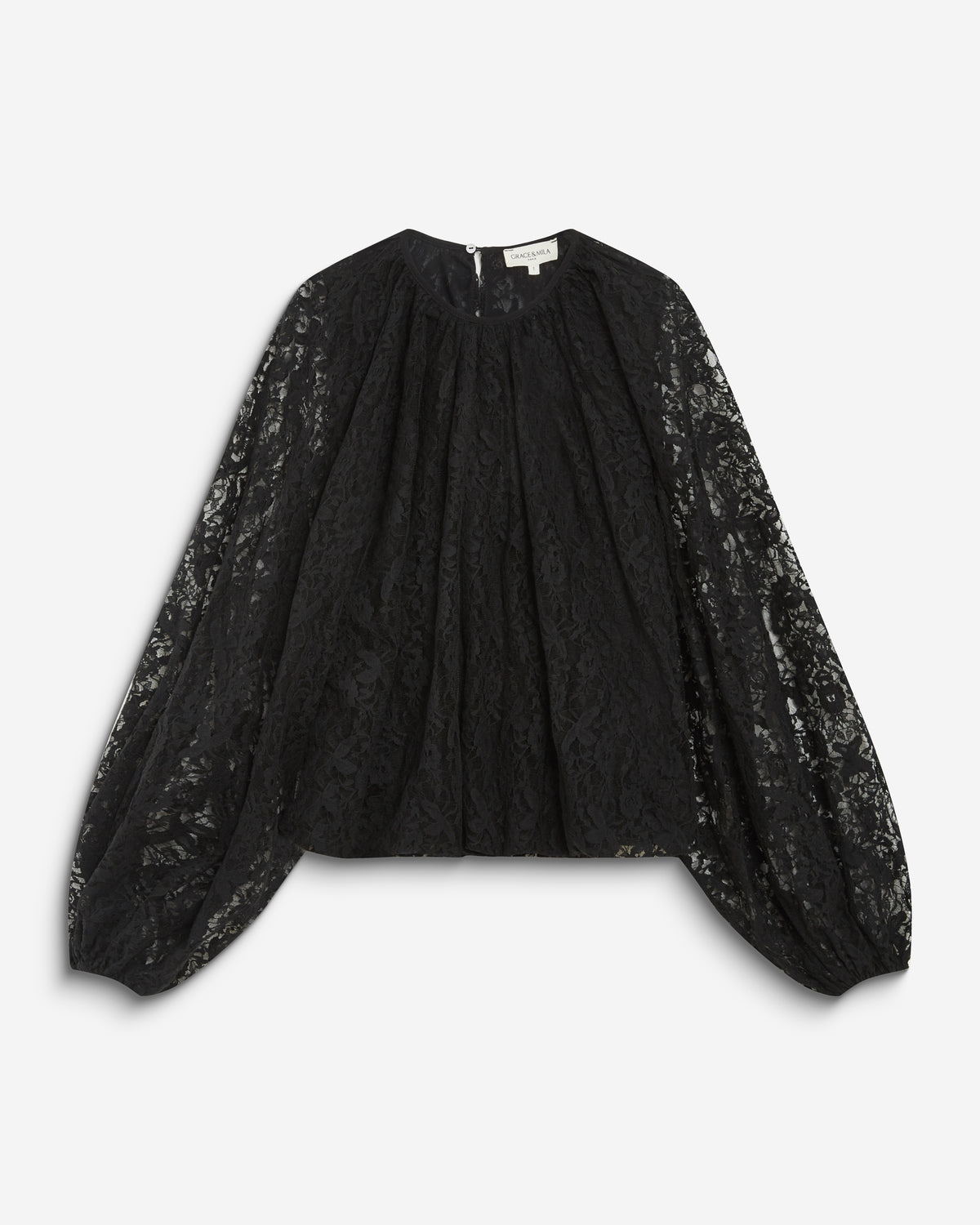 Blouse fluide en dentelle manches bouffantes noir Beth