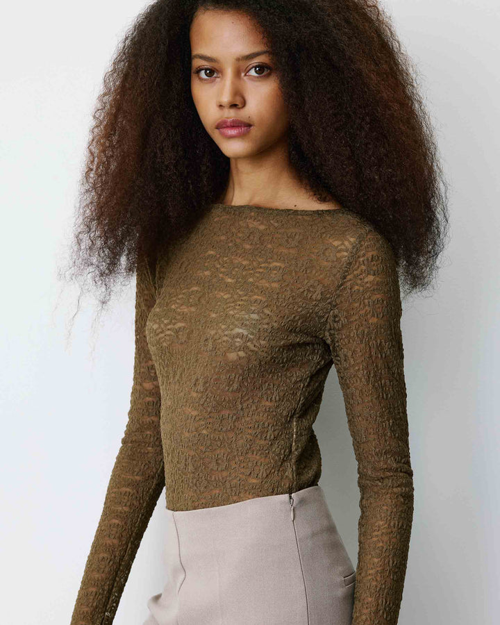 Body seconde peau en dentelle manches longues olive Bolero