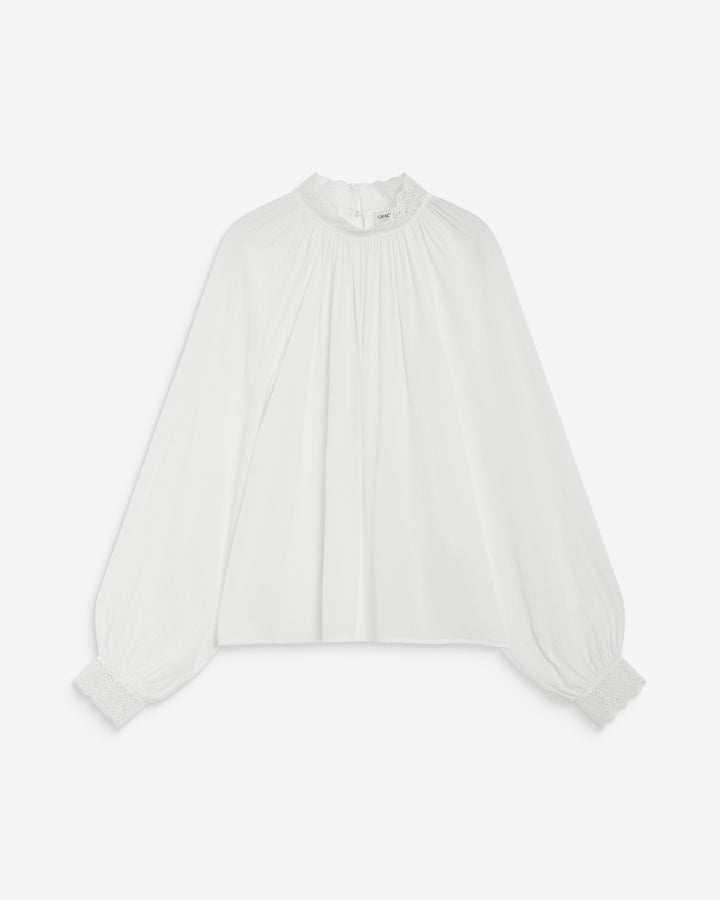 Blusa larga plissada com gola de renda marfim Brietta