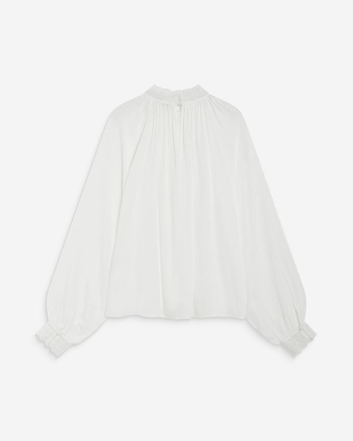 Blusa larga plissada com gola de renda marfim Brietta