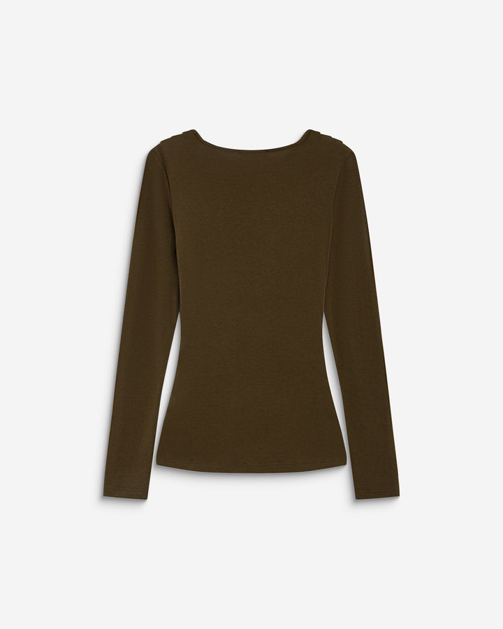 Top drapé manches longues col bénitier olive Biscotte