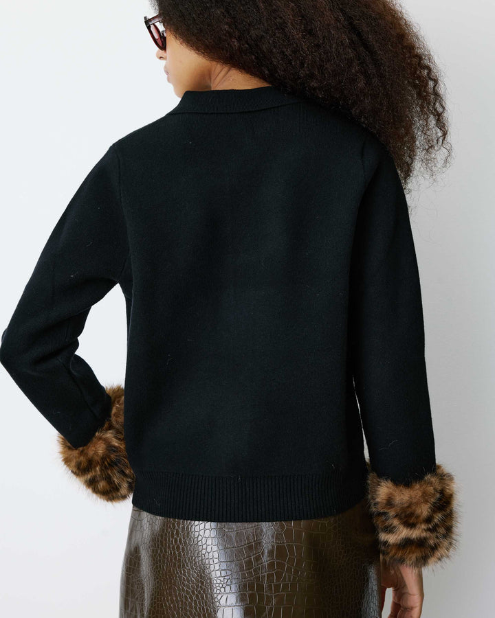 Gilet en maille poignets fausse fourrure noir Bambino