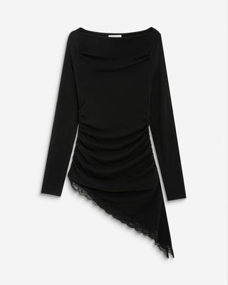 Top asymétrique manches longues bas en dentelle noir Bina