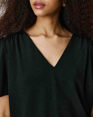 Top col V en jersey lurex manches courtes noir Basilic