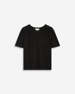 Top col V en jersey lurex manches courtes noir Basilic