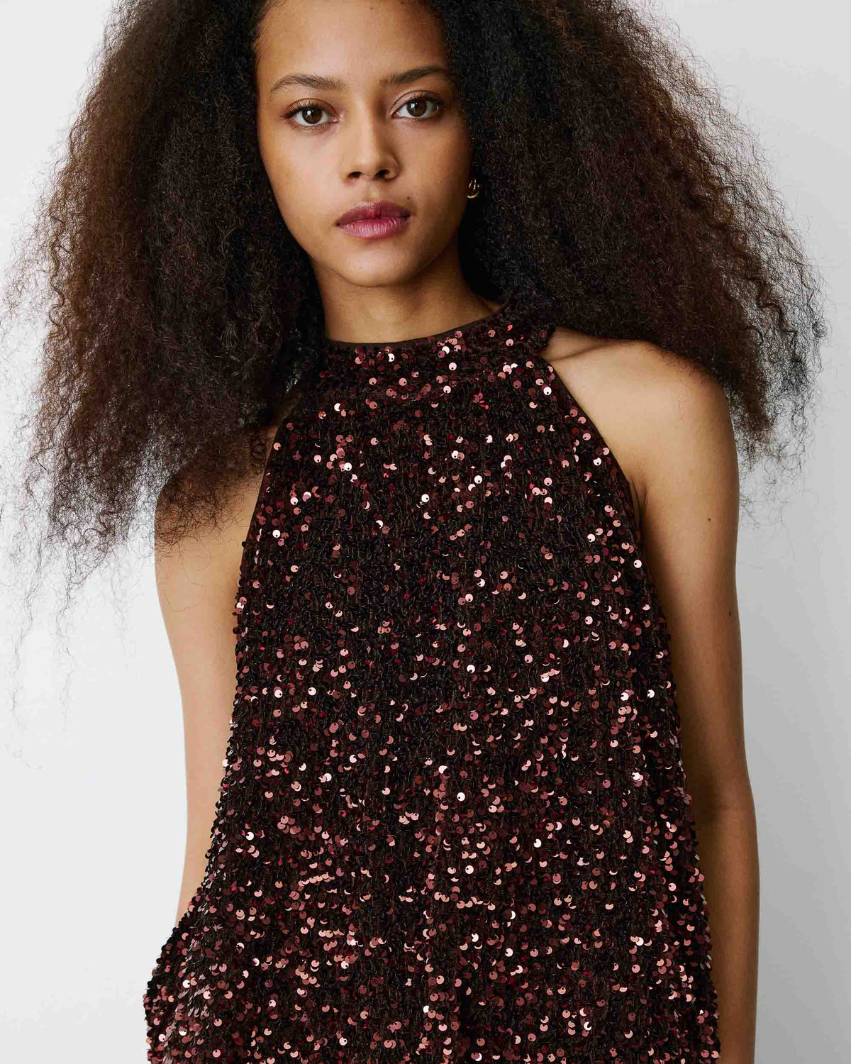 Top ballon encolure américaine en sequins chocolat Becky