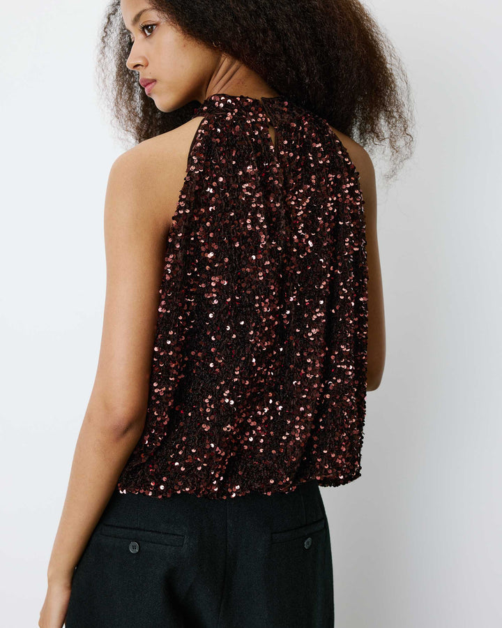 Top ballon encolure américaine en sequins chocolat Becky