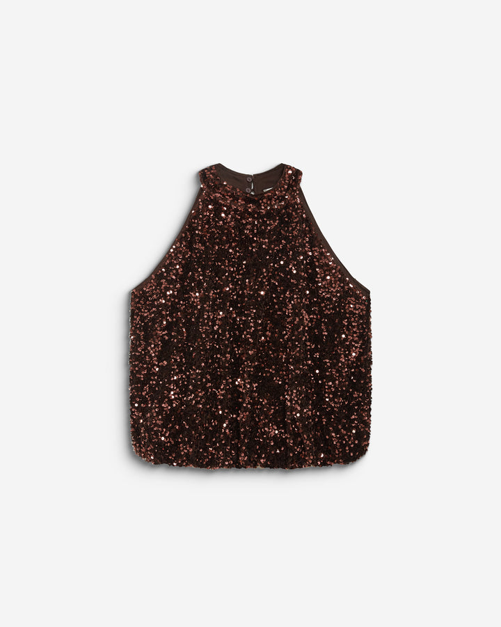 Top ballon encolure américaine en sequins chocolat Becky