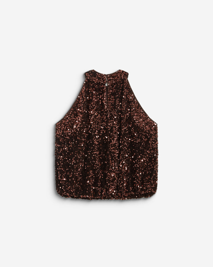 Top ballon encolure américaine en sequins chocolat Becky