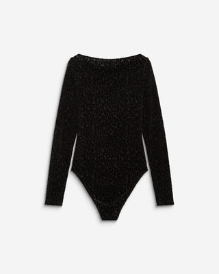 Body en velours léopard col bateau manches longues noir Bora
