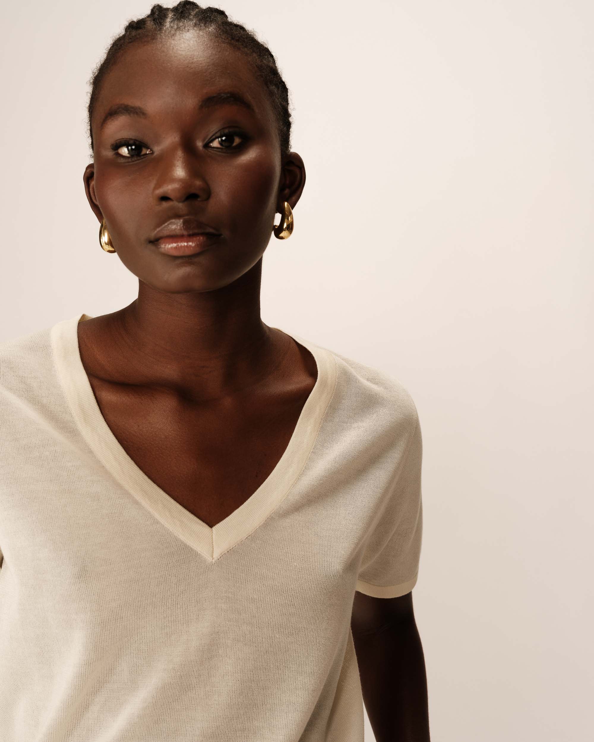 Fine knit v-neck top beige Padoue_12892