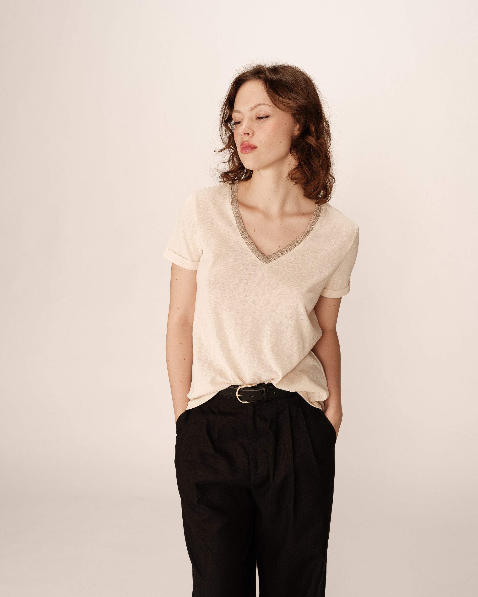 V-neck lurex top beige Pepito_13192