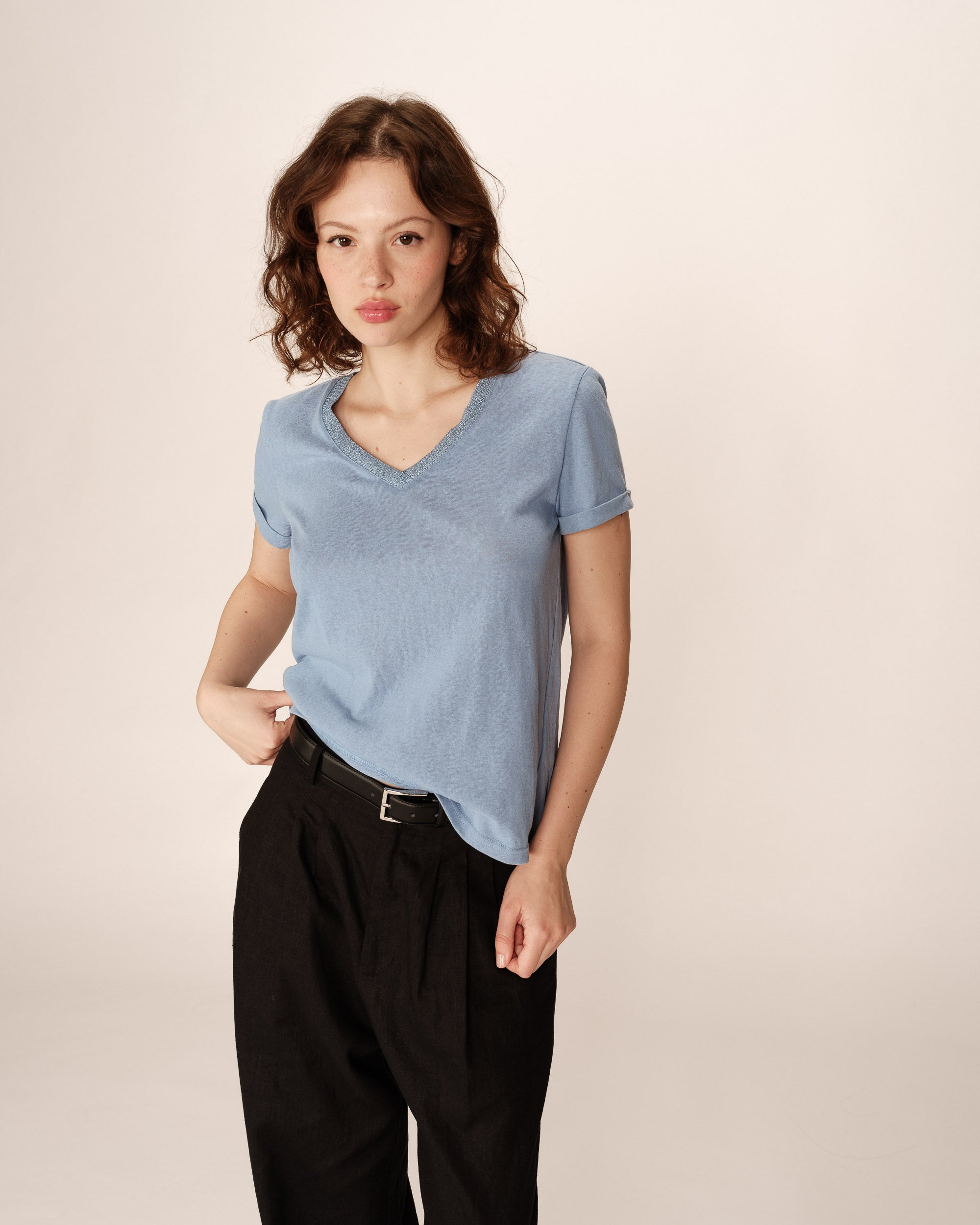 V-neck lurex top blue Pepito_13192