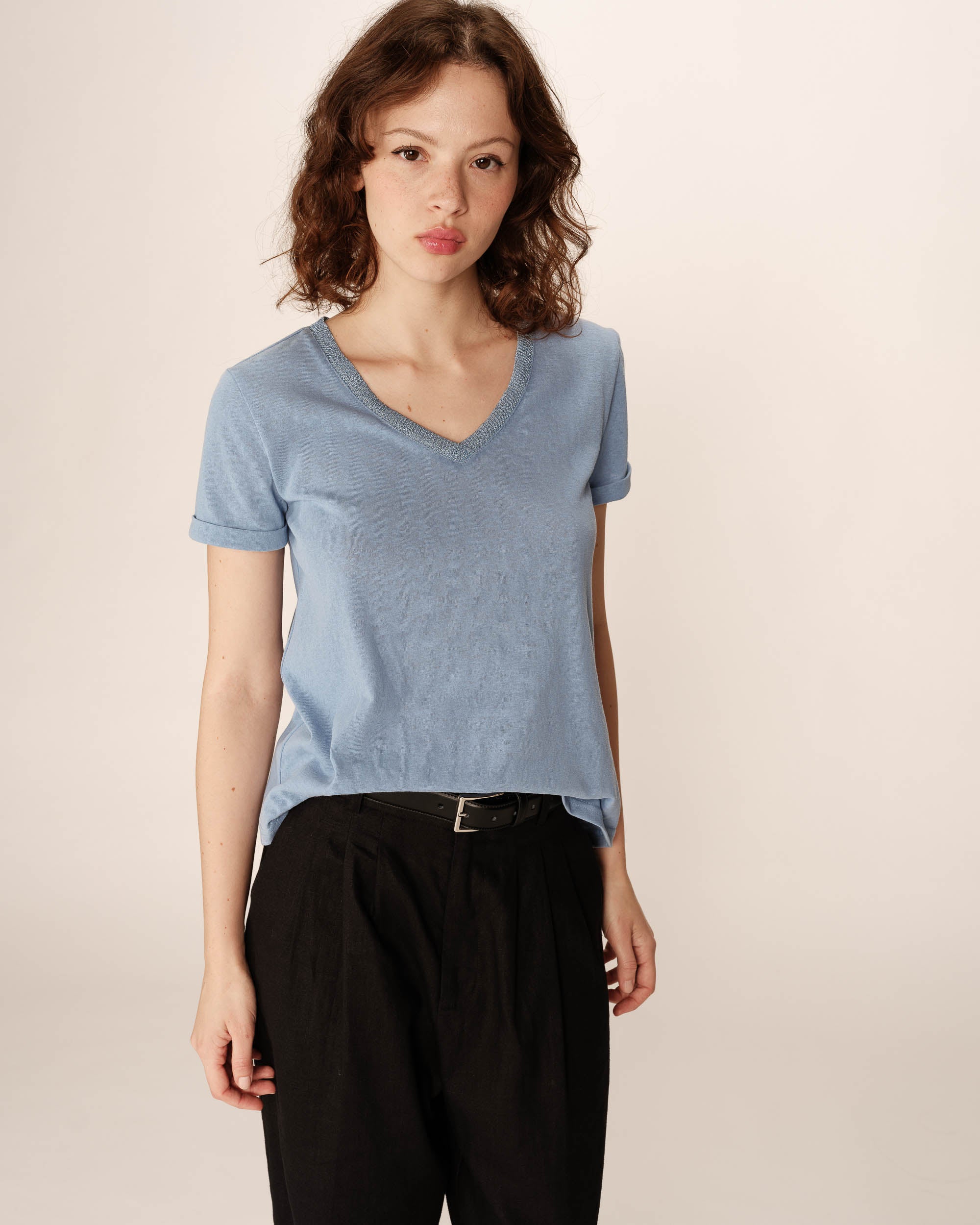 V-neck lurex top blue Pepito_13192