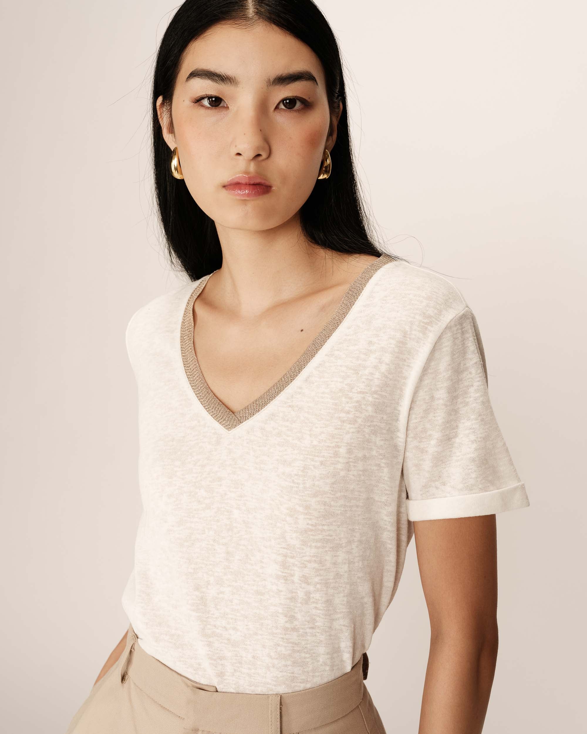 V-neck lurex top ecru Pepito_13192