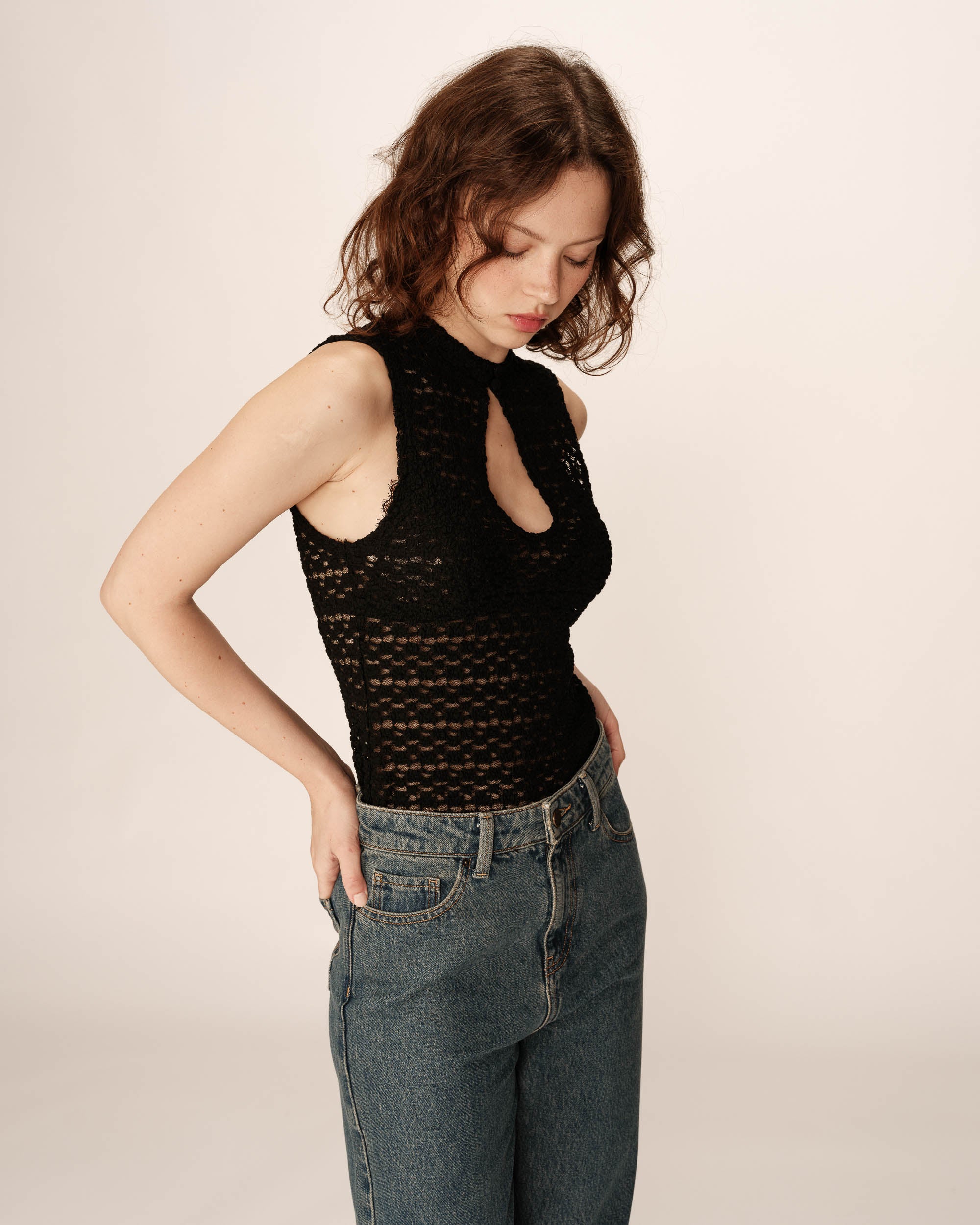 Top decollete en dentelle noir Petite