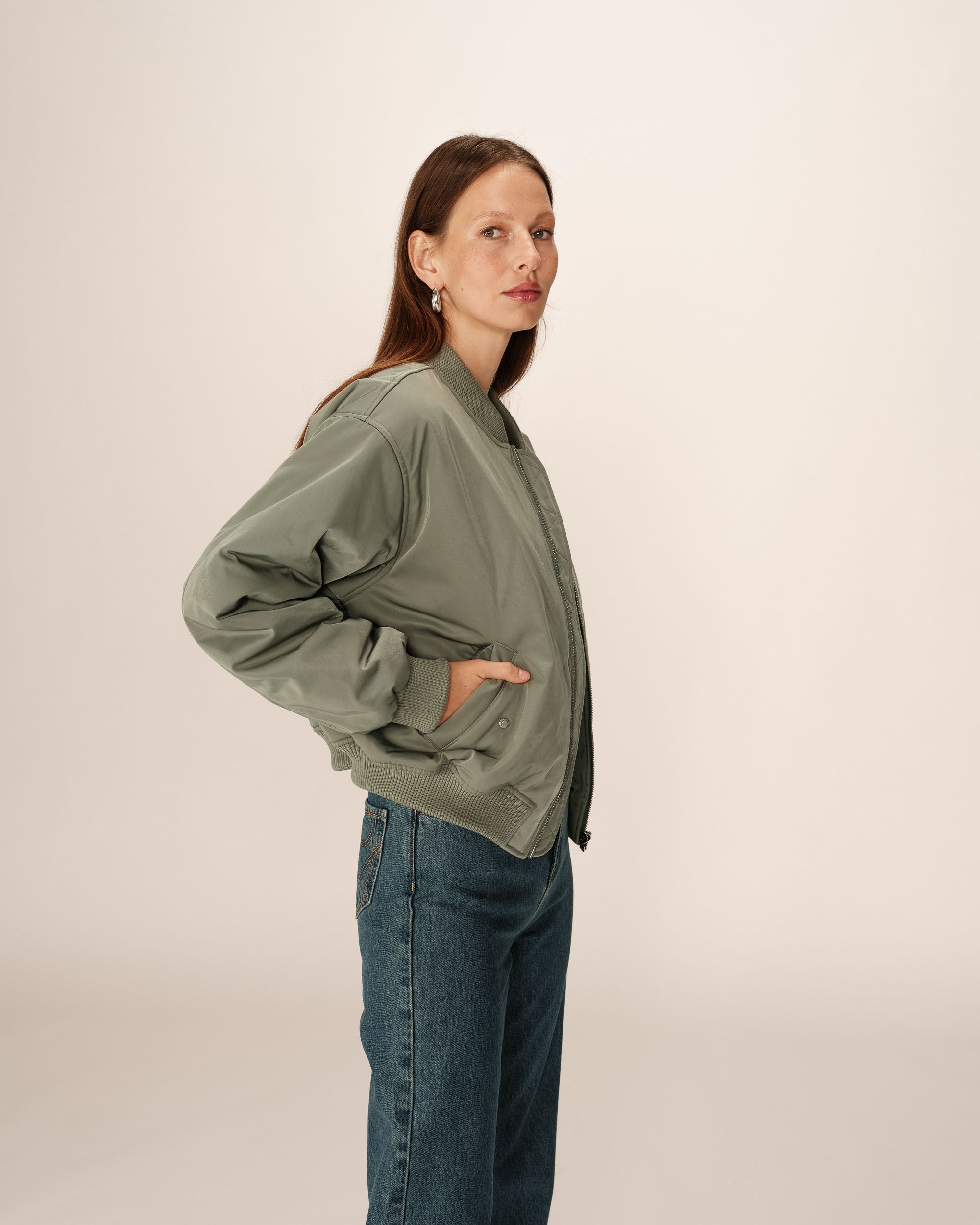 Zipper bomber jacket khaki Pink