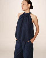 Embroidered high collar top navy Poco_12932