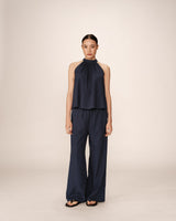 Embroidered high collar top navy Poco_12932